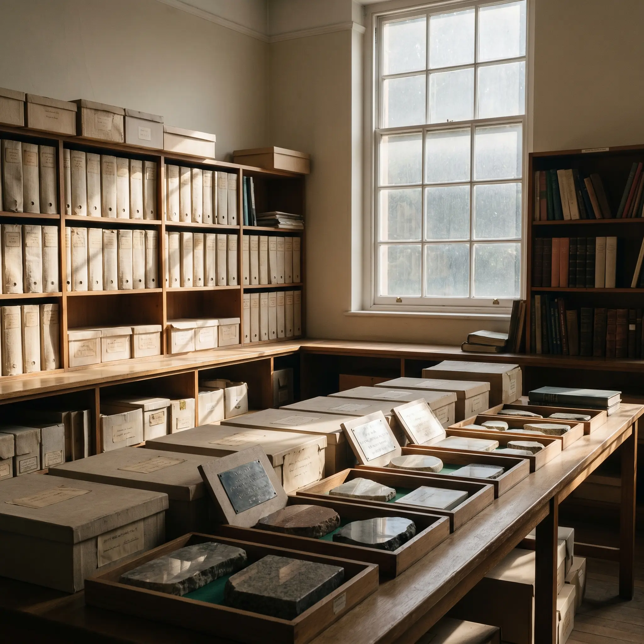 Archival cultural reference room with folders, material samples, and quiet daylight